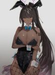  1girl :o absurdres ahoge animal_ear_hairband animal_ears arm_under_breasts bare_shoulders black_hair black_leotard blue_archive blue_bow blue_bowtie blush bow bowtie breasts cleavage commentary_request dark-skinned_female dark_skin detached_collar fake_animal_ears fishnet_pantyhose fishnets gradient_background hair_between_eyes hairband halo highleg highleg_leotard highres karin_(blue_archive) karin_(bunny)_(blue_archive) large_breasts leotard long_hair looking_at_viewer number_tattoo official_alternate_costume pantyhose playboy_bunny ponytail purple_halo rabbit_ear_hairband rabbit_ears shoulder_tattoo sidelocks solo strapless strapless_leotard sweatdrop tattoo the_olphy thigh_gap thighs traditional_bowtie very_long_hair white_wrist_cuffs wrist_cuffs yellow_eyes 