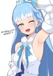  1girl absurdres arm_up armpits blue_eyes blue_hair blue_tiara breasts commentary english_text highres hololive hololive_indonesia kobo_kanaeru kobo_kanaeru_(5th_costume) light_blush long_hair medium_breasts multicolored_hair one_eye_closed open_mouth presenting_armpit simple_background solo sweat two-tone_hair virtual_youtuber white_background white_hair yuuta_(yuuta0361) 