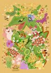 absurdres alternate_color bellossom black_sclera closed_eyes closed_mouth colored_sclera commentary_request ditto fangs flower highres illumise ledyba lurantis munchlax oddish open_mouth petals pikachu pokemon pokemon_(creature) pokemon_focus psyduck rayquaza ribombee rowlet shiny_pokemon skiploom smile snorlax twitter_username venonat yellow_background yellow_eyes zozozoshion 