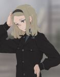  1girl aleksandra_i._pokryshkin arm_up bangs black_jacket blonde_hair blue_eyes blue_hairband blurry blurry_background brave_witches breast_pocket buttons closed_mouth commentary_request expressionless forehead hairband half-closed_eyes hand_on_hip hand_on_own_head highres jacket lapels long_sleeves medium_hair military military_uniform parted_bangs pocket red_star scratching_head shiratama_(hockey) sidelocks solo star_(symbol) uniform upper_body world_witches_series 