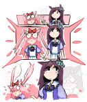  3girls agnes_digital_(umamusume) animal_ears artist_name black_eyes blush bow bowtie brown_hair chibi closed_eyes closed_mouth ear_bow ear_ornament english_commentary expressive_hair furrowed_brow hair_bow heart highres holding_hands horse_ears kiseki_(umamusume) long_hair looking_at_another looking_to_the_side mejiro_dober_(umamusume) multiple_girls nose_blush pink_hair school_uniform shirt short_sleeves skirt sweat tracen_school_uniform umamusume whooie wide-eyed yuri 