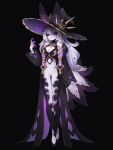  1girl black_background breasts claws english_commentary fantasy full_body hat highres large_breasts long_hair looking_at_viewer original pale_skin purple_eyes purple_hair sea_slug_girl slug_girl solo squeaky_(artist) witch_hat 