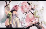  2girls absurdres animal_ear_hairband animal_ears arknights biting biting_ear black_thighhighs black_wrist_cuffs blush cat_ears cat_girl closed_mouth fake_animal_ears gandy_(gan3e46) gloves green_eyes green_hair green_leotard hairband hand_on_another's_waist highres horns kal'tsit_(arknights) leotard licking licking_another's_face long_hair looking_at_another looking_at_viewer multicolored_hair multiple_girls open_mouth pantyhose partially_fingerless_gloves pink_leotard playboy_bunny simple_background smile theresa_(arknights) thighhighs white_background white_hair white_pantyhose wrist_cuffs 