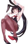  1girl absurdres animal_ears arm_up black_hair blush bow bowtie fishnet_pantyhose fishnets green_eyes heaven_burns_red high_heels highres natsume_inori no53_(pixiv_77486930) pantyhose playboy_bunny ponytail rabbit_ears red_bow red_bowtie 