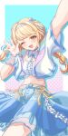  1girl absurdres arm_up birthday blonde_hair blue_skirt camisole center_frills commentary_request fangs frills fujita_kotone gakuen_idolmaster hand_up happy_birthday highres idolmaster jacket long_hair looking_at_viewer memai_(memai1129) midriff navel one_eye_closed open_mouth sekaiichi_kawaii_watashi_(idolmaster) skin_fangs skirt smile solo stomach white_camisole white_jacket 