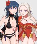  2girls ass_visible_through_thighs bikini black_bikini blue_eyes blue_hair breasts byleth_(fire_emblem) byleth_(fire_emblem)_(female) byleth_(summer)_(fire_emblem)_(female) cape cleavage dagger edelgard_von_hresvelg fire_emblem fire_emblem:_three_houses fire_emblem_heroes flower food frilled_swimsuit frills hair_flower hair_ornament highres jewelry knife long_hair looking_at_viewer medium_hair multiple_girls necklace official_alternate_costume one-piece_swimsuit peach11_01 popsicle popsicle_in_mouth purple_eyes red_one-piece_swimsuit smile swimsuit thigh_gap weapon white_hair 