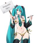  1girl absurdres aqua_eyes aqua_hair aqua_pubic_hair artist_name bikini black_thighhighs blush breasts cleft_of_venus colored_pubic_hair commentary crotchless crotchless_bikini english_commentary english_text gold_bikini hair_between_eyes hands_up hatsune_miku hatsune_miku_(vocaloid6) highres holding holding_marker holding_sign kagironsfw long_hair looking_at_viewer marker medium_breasts pearl_thong pubic_hair pussy side-tie_bikini_bottom sign simple_background smile solo swimsuit thighhighs twintails twitter_username very_long_hair vocaloid white_background 