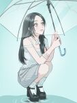  1girl animification armlet black_hair black_shoes blue_background blue_eyes blush cho_mi-yeon collarbone commentary flat_chest grey_skirt highres holding holding_umbrella i-dle jewelry k-pop kim_jangjong looking_up parted_lips pink_lips platform_heels real_life ripples shirt shoes skirt socks squatting striped_clothes striped_skirt umbrella untranslatable_commentary vertical-striped_clothes vertical-striped_skirt white_shirt white_socks 