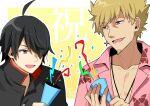  2boys :d absurdres age_difference ahoge araragi_koyomi artist_name beard black_eyes black_hair black_jacket blonde_hair border celebration close-up collarbone collared_shirt commentary confetti cross cross_earrings dated earrings facial_hair floral_print floral_print_shirt gakuran goatee hair_over_one_eye hawaiian_shirt high_collar highres initial inverted_cross inverted_cross_earrings jacket jewelry looking_at_another looking_to_the_side lower_teeth_only male_focus manimani_(mani_ma) monogatari_(series) multiple_boys naoetsu_high_school_uniform open_mouth oshino_meme outline outside_border partially_unbuttoned party_popper pink_shirt red_trim school_uniform shirt side-by-side signature single_earring smile spiked_hair teeth thick_eyebrows translated white_border white_outline yellow_background yellow_eyes 