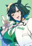  1girl :d animal_ears belt bow breasts clenched_hands commentary_request cowboy_shot ears_through_headwear gloves green_eyes green_hair green_vest hat hat_bow highres horse_ears horse_girl jacket kiseki_(miracle_author)_(umamusume) kiseki_(umamusume) large_breasts long_sleeves looking_at_viewer megao_3rd open_mouth short_hair shorts simple_background smile solo tail umamusume upper_body vest white_background white_gloves white_jacket zipper 