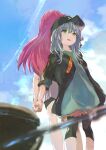  2girls absurdres aikawa_megumi akagi_rumi back-to-back black_hat blue_hair commentary_request dutch_angle green_eyes green_shirt hat heaven_burns_red highres holding_hands long_hair medium_hair multiple_girls no53_(pixiv_77486930) partially_submerged pink_hair shirt wading 