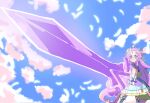  1girl ahoge akechi_anna blue_eyes bow brooch capelet cure_answer double_bun dress energy_sword fighting_stance fingerless_gloves gloves hair_bun hair_intakes hair_ornament heart heart_brooch highres holding holding_sword holding_weapon huge_weapon jewelry long_hair looking_at_viewer magical_girl meitantei_precure! piku_(another_pikuru) precure purple_bow purple_capelet purple_dress purple_hair sunrise_stance sword two-handed weapon white_gloves 