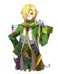  1boy arm_belt belt blonde_hair brown_belt brown_pants commentary_request digimon digimon_(creature) earrings garter_straps gloves green_garter_straps green_jacket green_scarf hair_between_eyes highres holding_own_hair hoop_earrings jacket jewelry long_hair male_focus missing_headwear one_eye_covered open_clothes open_jacket pants petermon pointy_ears red_eyes scabbard scarf see-through_hair sheath shirt solo sword twitter_logo twitter_username waistband weapon white_gloves white_shirt youzaiyouzai112 