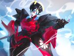  1girl airplane_wing armor blue_eyes cloud cloudy_sky commentary geisha hand_on_own_hip highres humanoid_robot mechanical_wings metal_skin red_lips robot robot_girl shoulder_armor sky solo soralooove the_transformers_(idw) thighs transformers windblade wings 