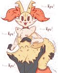 2026 absurd_res ambiguous_gender anthro blush blush_lines braixen english_text eyelashes eyes_closed fake_eyes generation_6_pokemon generation_7_pokemon happy hi_res inner_ear_fluff mimikyu multicolored_body nintendo open_:3 open_mouth pokemon pokemon_(species) se1t simple_background solo tail text tongue tuft