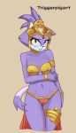  absurd_res anthro bikini blaze_the_cat blush breasts clothing cosplay crossed_arms domestic_cat embarrassed felid feline felis female grimace harem_outfit hi_res looking_at_viewer mammal sega shantae_(series) simple_background small_breasts solo sonic_the_hedgehog_(series) swimwear triggerpigart video_games wayforward 