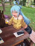  1girl alcohol aqua_(konosuba) beer beer_bottle blue_eyes blue_hair blurry blurry_background blush bottle cellphone computer contemporary darkness_(konosuba) drunk hair_rings jk_arts kono_subarashii_sekai_ni_shukufuku_wo! laptop latin_commentary long_hair nose_blush notepad open_mouth phone photo_background sitting smartphone solo sticker sweater table tree yellow_sweater 