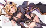  1girl :d animal_ears bangs black_hairband black_jacket black_leotard blonde_hair blush breasts brown_eyes cleavage djeeta_(granblue_fantasy) dutch_angle fake_animal_ears granblue_fantasy grey_background hair_between_eyes hairband heart holding holding_staff jacket leotard looking_at_viewer medium_breasts omuretsu open_clothes open_jacket puffy_short_sleeves puffy_sleeves purple_thighhighs rabbit_ears sage_(granblue_fantasy) short_sleeves signature smile solo staff thighhighs two-tone_background white_background 