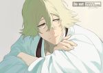  1boy bleach blonde_hair brown_eyes closed_mouth hair_between_eyes highres japanese_clothes looking_to_the_side male_focus shihakusho solo sx1bmv twitter_username urahara_kisuke watermark 