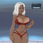  1girl annoyed artist_name attribute_slider bikini blue_background blue_eyes breast_slider breasts cleavage clenched_hands commentary cowboy_shot dark-skinned_female dark_skin dr_graevling elma_(xenoblade_x) english_commentary english_text fake_screenshot gameplay_mechanics gradient_background large_breasts lips looking_at_viewer medium_breasts medium_hair midriff narrow_waist navel nipple_slip nipples notice_lines parted_bangs red_bikini signature solo standing swimsuit thigh_gap translated undersized_clothes user_interface v-shaped_eyebrows wardrobe_malfunction white_hair wide_hips xenoblade_chronicles_(series) xenoblade_chronicles_x 