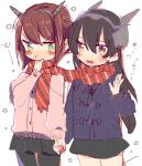  2girls :t black_hair black_pantyhose black_skirt blue_jacket blush brown_hair brown_jacket commentary_request cowboy_shot double-parted_bangs fang flying_sweatdrops green_eyes hair_between_eyes headgear holding_hands jacket kantai_collection long_hair long_sleeves medium_hair multiple_girls mutsu_(kancolle) nagato_(kancolle) oomori_(kswmr) open_mouth pantyhose pleated_skirt pout purple_eyes scarf shared_clothes shared_scarf siblings simple_background sisters skin_fang skirt standing swept_bangs thigh_gap thighs translation_request white_background yuri 