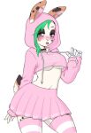  2022 animated anthro blush bottomwear chastity_device clothed clothing desireeu ear_piercing elizabeth_&quot;bit&quot;_wise female fur green_hair hair hi_res hoodie lagomorph legwear leporid mammal navel piercing rabbit skirt solo thigh_highs topwear white_body white_fur 