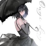  1girl backless_dress backless_outfit bare_back bare_shoulders black_choker black_dress black_eyes black_hair black_sleeves black_umbrella bob_cut breasts character_name choker closed_mouth commentary cowboy_shot cry_(mizuiro_hearts) cursive detached_sleeves dress empty_eyes frilled_umbrella frills from_side hair_between_eyes highres holding holding_umbrella light_smile looking_at_viewer looking_to_the_side monogatari_(series) no_gloves oshino_ougi romaji_text shaded_face short_hair simple_background sleeveless sleeveless_dress small_breasts smile solo spaghetti_strap standing two-handed umbrella white_background wind wind_lift 