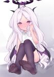  1girl absurdres ahoge black_halo black_horns blue_archive blush closed_mouth commentary_request demon_horns demon_wings feet foot_focus halo highres hina_(blue_archive) horns long_hair looking_at_viewer low_wings multiple_horns purple_eyes purple_halo purple_thighhighs purple_wings sitting solo thighhighs toushitukata_7 very_long_hair white_hair wings 