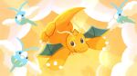  antennae bird brown_eyes chinese_commentary claws cloud commentary_request dragon dragonite flying highres no_humans pokemon pokemon_(creature) pokemon_focus ririko_(nagareboshi) sky smile swablu wings yellow_sky 