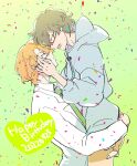  2boys :d black_hair closed_eyes coat collared_shirt commentary_request confetti couple cowboy_shot dated drawstring facing_another from_side gatchaman_crowds gatchaman_crowds_insight green_background green_necktie grey-framed_eyewear grey_hoodie hair_between_eyes hand_on_another's_cheek hand_on_another's_face happy happy_birthday hayami_sukaruchinofu heart hood hood_down hoodie hug hugging_ass lab_coat lapels lifting_person long_sleeves looking_at_another multiple_boys nail_polish naked_hoodie narrowed_eyes necktie ninomiya_rui notched_lapels open_mouth profile red-framed_eyewear red_nails semi-rimless_eyewear shirt short_hair sideways_mouth smile standing suzuki_rizumu under-rim_eyewear white_coat white_shirt yaoi 