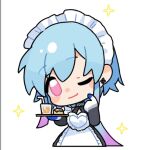  1boy ;) alternate_costume apron arknights bangs bendy_straw black_dress black_gloves blue_hair blush_stickers chibi closed_mouth cropped_torso crossdressing cup dress drinking_glass drinking_straw earrings elbow_gloves enmaided food frilled_apron frills gloves hair_between_eyes holding holding_tray jewelry maid maid_headdress male_focus marchrin mizuki_(arknights) one_eye_closed pink_eyes simple_background smile solo tray upper_body white_apron white_background white_gloves 