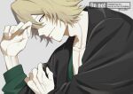  1boy adam's_apple beard_stubble bleach blonde_hair brown_eyes closed_mouth commentary_request facial_hair fingernails hair_between_eyes hand_in_own_hair highres japanese_clothes looking_at_viewer male_focus short_hair solo stubble sx1bmv twitter_username urahara_kisuke watermark 