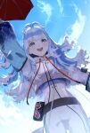  1girl blue_eyes blue_hair blue_sky cloud commentary cropped_jacket highres hololive hololive_indonesia jacket kobo_kanaeru kobo_kanaeru_(1st_costume) kurumahu_01 long_hair looking_at_viewer multicolored_hair open_mouth pants sky smile solo teeth two-tone_hair untranslatable_commentary upper_teeth_only virtual_youtuber white_hair white_jacket white_pants 