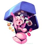  1girl animal_ears arms_up belly black_bra black_panties bra breasts can carrying cleavage colored_skin commentary cyancapsule donut drink_can emelie_(cyancapsule) english_commentary falling_food food fruit furry furry_female highres large_breasts one_eye_closed open_mouth original panties pig_ears pig_girl pig_nose pig_tail pineapple pink_skin plump purple_eyes refrigerator short_hair short_twintails solo strong tail twintails underwear underwear_only white_hair 