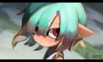  1girl aqua_hair blurry blurry_background brown_hair closed_mouth commentary_request freckles gradient_hair hair_between_eyes highres inkling letterboxed mechanic_(splatoon_raiders) medium_hair multicolored_hair pointy_ears red_eyes rupe_oo solo splatoon_(series) splatoon_raiders tentacle_hair two-tone_hair watermark 