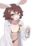  1girl :p absurdres animal_ears bikini brown_eyes brown_hair can commentary english_commentary glasses gold_bikini hair_ornament highres holding holding_can indie_virtual_youtuber lab_coat long_sleeves looking_at_viewer mishapyon_(vtuber) overalls rabbit_ears rabbit_girl short_hair simple_background smile solo sweat swimsuit tongue tongue_out valefal_coneri virtual_youtuber white_background white_overalls 