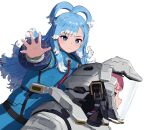  2girls blue_coat blue_hair blunt_bangs braid bright_pupils coat colored_tips commentary cosplay diana_(pragmata) diana_(pragmata)_(cosplay) fian_f.n from_side half_up_braid helmet high_ponytail hololive hololive_english hololive_indonesia hugh_williams hugh_williams_(cosplay) kobo_kanaeru long_hair long_sleeves mori_calliope multicolored_hair multiple_girls open_hand outstretched_arm padded_coat pink_eyes pink_hair ponytail pragmata puffy_coat puffy_long_sleeves puffy_sleeves simple_background space_helmet spacesuit split_ponytail two-tone_hair virtual_youtuber wavy_hair white_background white_hair white_pupils 