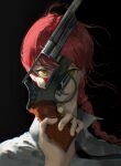  1girl absurdres bad_neck bangs black_background black_necktie braid chainsaw_man collared_shirt gun highres holding holding_gun holding_weapon long_hair looking_at_viewer makima_(chainsaw_man) necktie nenem_(kimnenemmm_art) red_hair revolver ringed_eyes shirt single_braid solo upper_body weapon white_shirt yellow_eyes 