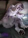  adelaherz anthro anus balls bed butt casual_nudity cellphone felid fur furniture genitals head_on_pillow headphones hi_res looking_at_viewer male mammal nude on_bed pantherine pawpads phone purple_body purple_eyes purple_fur smartphone solo striped_body striped_fur stripes tiger tired whiskers white_body white_fur 