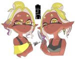  1girl blonde_hair breasts colored_eyelashes crossed_arms dark-skinned_female dark_skin earrings fish_hook_earrings frye_(splatoon) frye_(splatoon_raiders) holding holding_scissors inkling isamu-ki_(yuuki) jewelry long_eyelashes long_pointy_ears official_alternate_costume pointy_ears scissors short_eyebrows smile splatoon_(series) splatoon_raiders tentacle_hair uneven_eyes yellow_eyes 