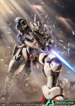  cloud cloudy_sky commentary_request energy_sword feathers glowing glowing_eyes green_eyes gundam gundam_aerial gundam_arsenal_base gundam_suisei_no_majo holding holding_sword holding_weapon hukutuuprunes mecha mobile_suit official_art robot science_fiction sky sunlight sword v-shaped_eyebrows weapon 