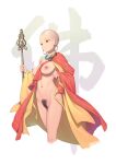  1girl bald bald_girl bangs bigrbear breasts brown_eyes cloak cropped_legs earrings female_pubic_hair highres holding holding_staff hoop_earrings jewelry medium_breasts naked_cloak navel necklace nipples nude original pubic_hair solo staff 