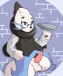  2024 3_fingers animal_genitalia anthro ball_tuft balls black_body black_fur black_nose black_pawpads black_tie_(suit) blue_body blue_fur bodily_fluids bottomless bottomless_anthro bottomless_male brick brick_wall buieb buizel clothed clothing erection eyewear fakemon fingers fur fusion generation_4_pokemon generation_5_pokemon genital_fluids genitals glasses hi_res hybrid leaking_precum male narrowed_eyes nintendo oshawott pawpads penis pink_penis plate_spinning platter pokemon pokemon_(species) pokemon_fusion precum sheath signature simple_background solo suit tuft tuxedo_vest wall_(structure) whiskers white_balls white_body white_fur 