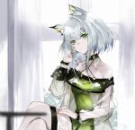  1girl animal_ear_fluff animal_ears arknights bad_anatomy bangs blurry blurry_background blurry_foreground closed_mouth collar collarbone crossed_legs dress green_dress green_eyes hair_between_eyes hand_on_own_face hand_on_own_thigh head_tilt highres kal&#039;tsit_(arknights) light_blush long_sleeves looking_at_viewer lynx_ears medium_hair off-shoulder_dress off_shoulder oripathy_lesion_(arknights) s_4ik4 see-through sitting solo watch white_hair window wristwatch 
