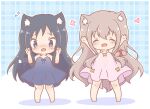 2girls :d ^_^ animal_ear_fluff animal_ears arms_up bare_arms bare_shoulders barefoot black_hair blue_dress blue_eyes blue_ribbon blush bow brown_hair cat_ears cat_girl cat_tail claw_pose closed_eyes colored_shadow commentary_request dress fang flying_sweatdrops grey_dress hair_between_eyes hands_up long_hair mitarashi_neko multiple_girls nose_blush original plaid_background red_bow ribbon see-through_clothes see-through_dress shadow sleeveless sleeveless_dress smile standing tail tail_bow tail_ornament tail_ribbon very_long_hair 