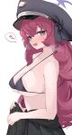  1girl absurdres alternate_breast_size_(larger) bikini black_bikini black_hat black_shirt black_skirt blue_archive breasts collarbone commentary_request grey_eyes gu_meng_yin halo hat heart highres holding holding_shirt holding_unworn_clothes iroha_(blue_archive) large_breasts long_hair looking_at_viewer open_mouth purple_halo red_hair shirt simple_background skirt solo spoken_heart swimsuit unworn_shirt white_background 