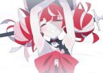  1girl armpits arms_up black_dress blush breasts closed_eyes closed_mouth dress grey_hair hololive hololive_indonesia jdpr kureiji_ollie kureiji_ollie_(1st_costume) multicolored_hair red_hair small_breasts smile solo sword torn_clothes torn_dress two-tone_hair virtual_youtuber weapon 