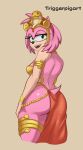  absurd_res amy_rose anthro butt cosplay eulipotyphlan female harem hedgehog hi_res jewelry looking_at_viewer looking_back mammal open_mouth open_smile rear_view sega shantae_(series) simple_background smile solo sonic_the_hedgehog_(series) triggerpigart video_games wayforward 