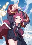  1girl arm_up armband black_hat black_shirt black_skirt blue_archive blush commentary_request floating_clothes floating_hair floating_jacket fluffy_hair grey_eyes halo hand_on_own_hat hat highres iroha_(blue_archive) jacket long_hair long_sleeves loose_necktie military_hat military_jacket missile missile_trail necktie oekaki_turtle open_mouth outdoors outstretched_arm peaked_cap pencil_skirt pointing pointing_forward purple_halo red_armband red_hair red_necktie safety_pin shirt skirt sky solo 