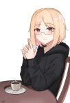  1girl absurdres artist_name black_jacket blonde_hair breasts brown_eyes chair coffee coffee_cup commission cup disposable_cup gamryous girls&#039;_frontline glasses highres hood hood_down jacket long_sleeves looking_at_viewer mp40_(girls&#039;_frontline) non-web_source own_hands_clasped own_hands_together plate short_hair simple_background smile table 